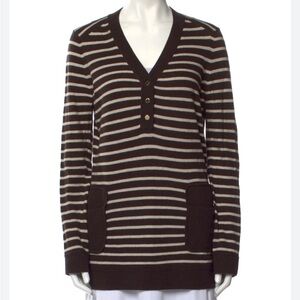 Tory Burch Brown Striped Felicia Sweater Women Size M V-neck Cashmere Blend